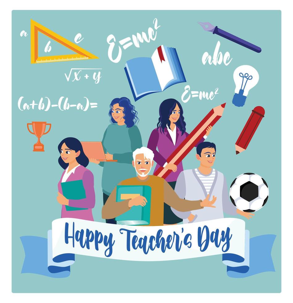 A group of teachers from various fields of science gather together. Celebrating Teacher's Day. Teacher's day concept. Flat illustration. vector