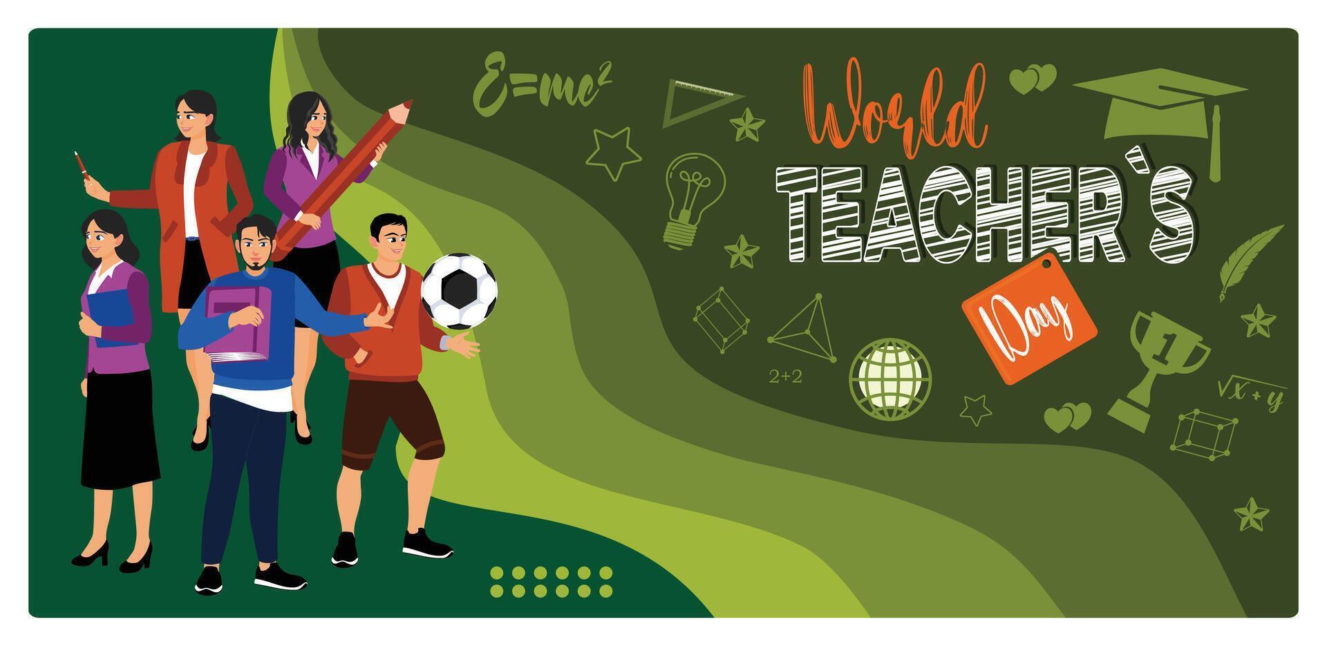 Celebration of World Teachers Day. Group of teachers standing on the doodle background. Teacher's day concept. Flat illustration. vector
