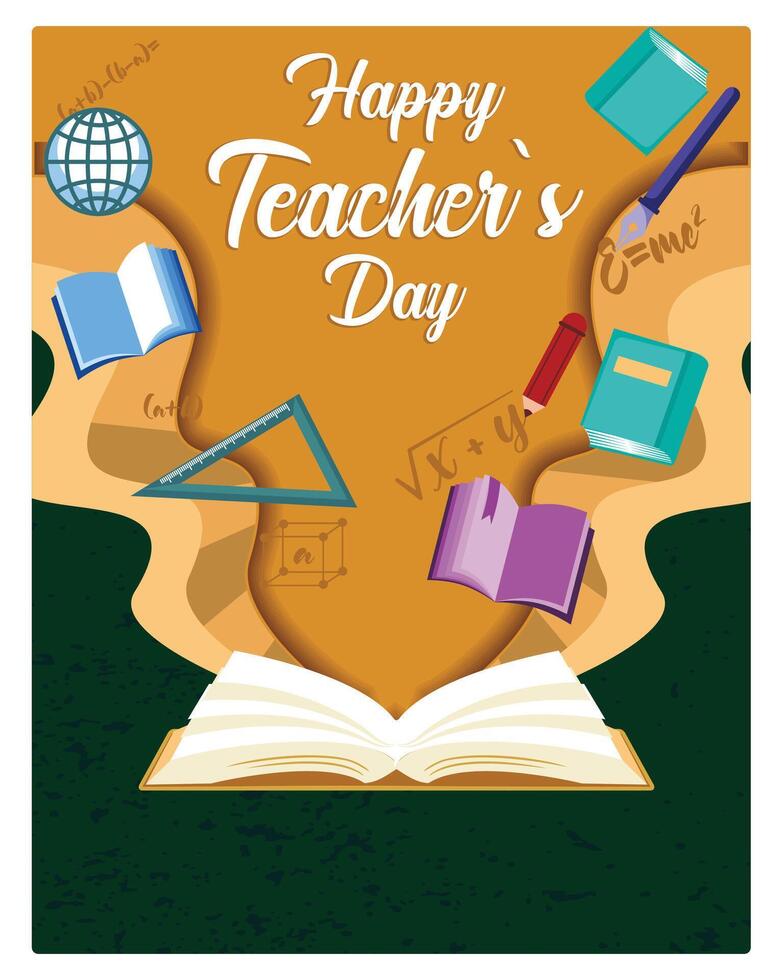 Open book with school supplies on top. Books are the source of all knowledge. Teacher's day concept. Flat illustration. vector