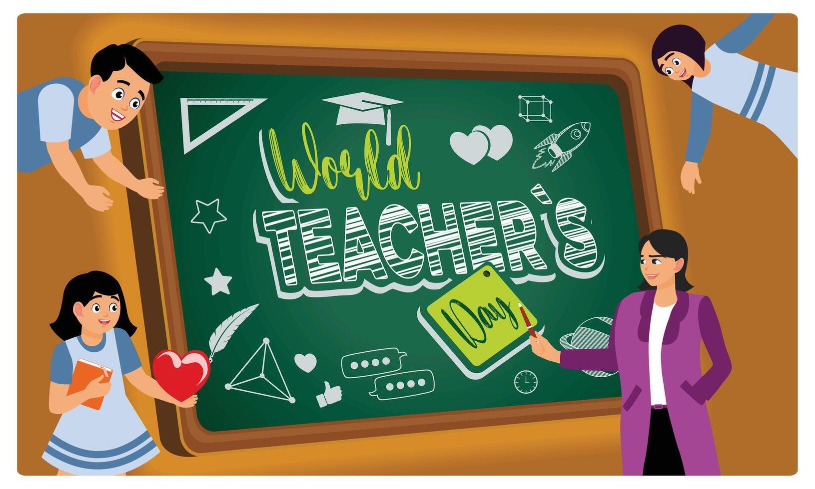 A teacher received congratulations from his students. Teacher and student standing in front of the blackboard. Teacher's day concept. Flat illustration. vector