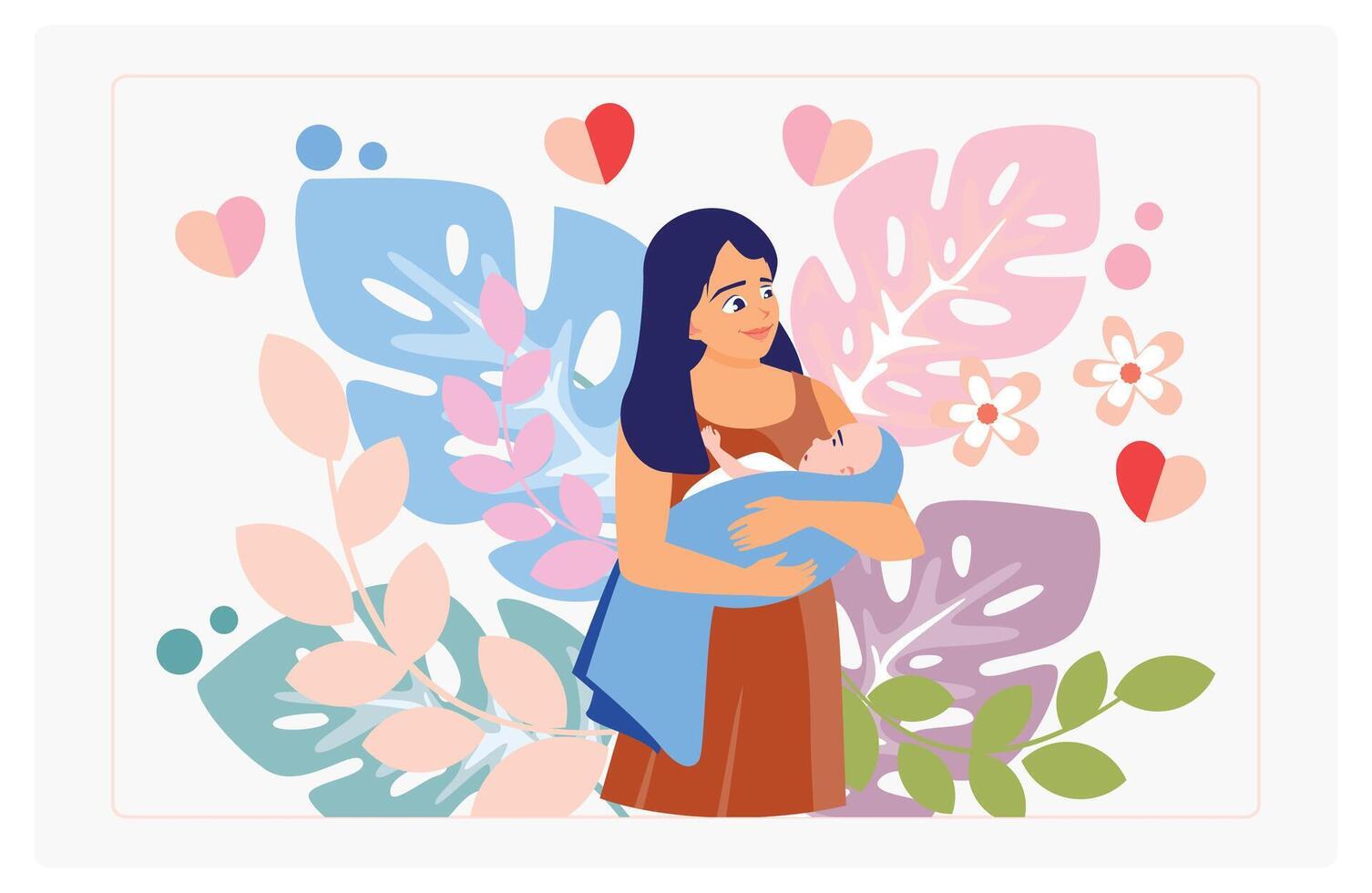A mother holds a baby in her arms. With a background of flowers, leaves, and heart shapes. Mother's Day concept. Flat illustration. vector