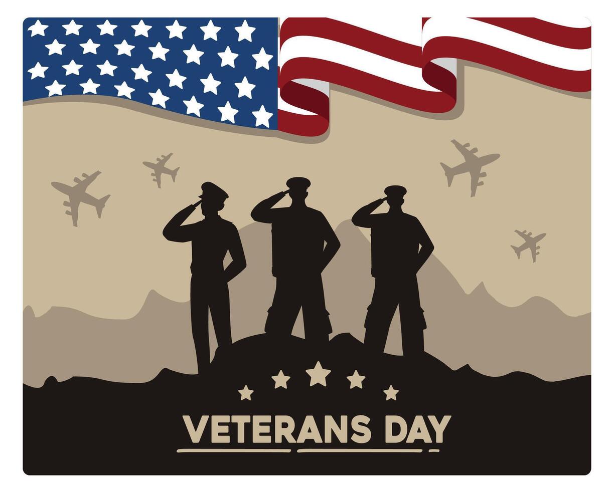 Veterans Day with silhouettes of soldiers saluting. Honoring all who have served. Memorial Day concept. Flat illustration. vector