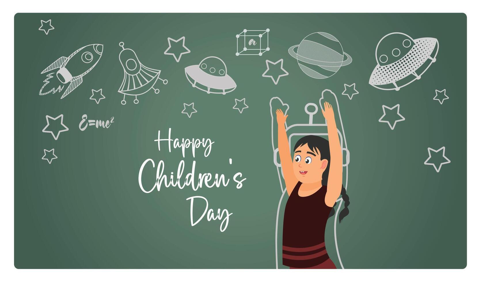 Cheerful Girl with arms raised at Children's Day celebration. Imaginative outer space doodle Background. Children's Day concept. Flat illustration. vector