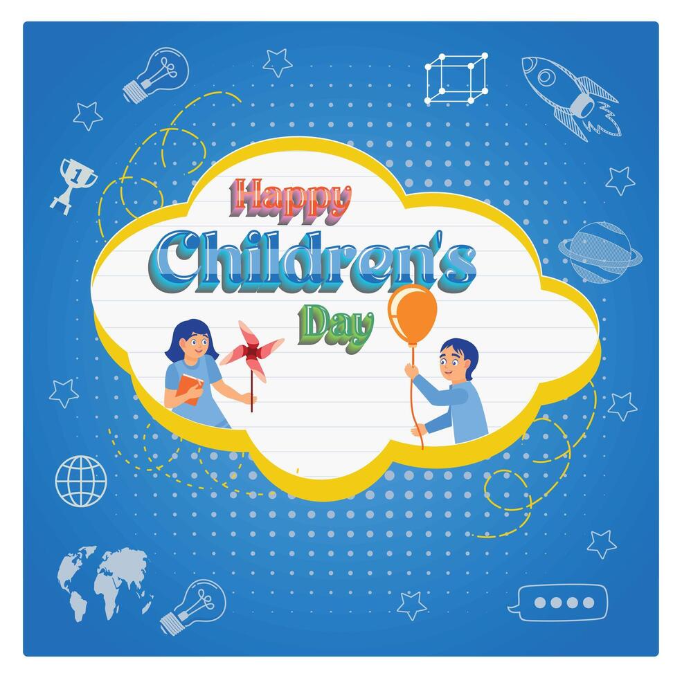 Boys and girls playing with paper windmills and balloons. Space doodle background. Children's Day concept. Flat illustration. vector