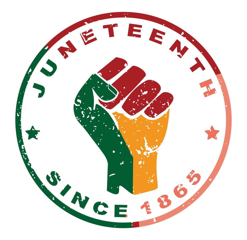 Juneteenth Free-ish Since 1865. Hands clenched in the colors of the Pan-African flag. Juneteenth concept. Flat illustration. vector