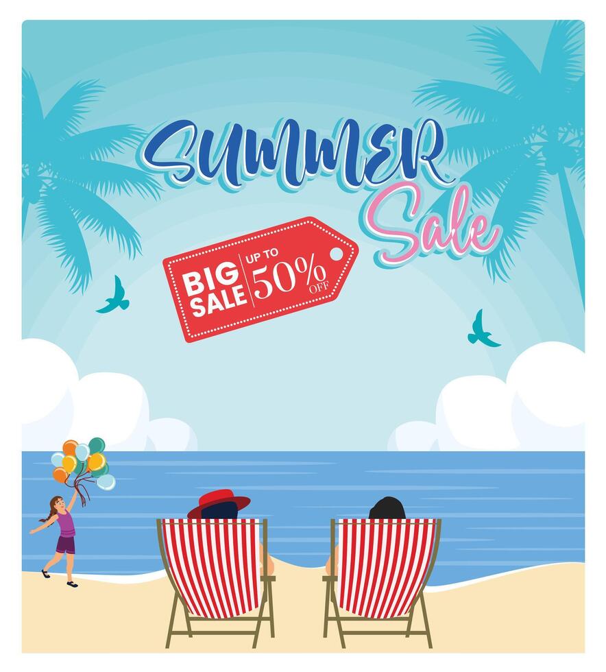 Summer shopping ads. Cheerful family on holiday at the beach. Summer concept. Flat illustration. vector
