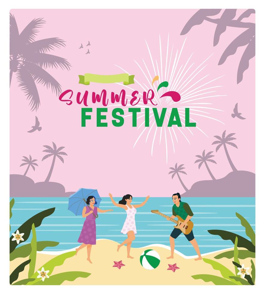 Some young people are having a beach party. Singing and dancing on the beach. Summer concept. Flat illustration. vector