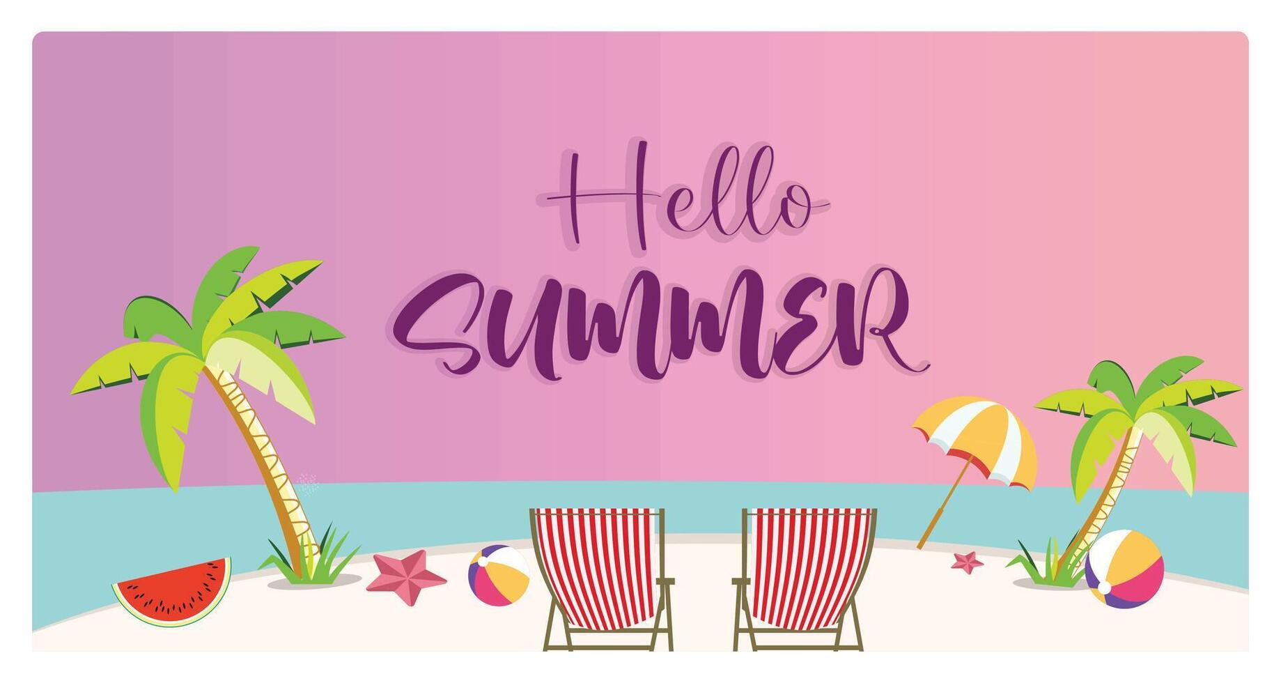 Summer beach and sand view. Summer elements with beach chairs. Summer concept. Flat illustration. vector