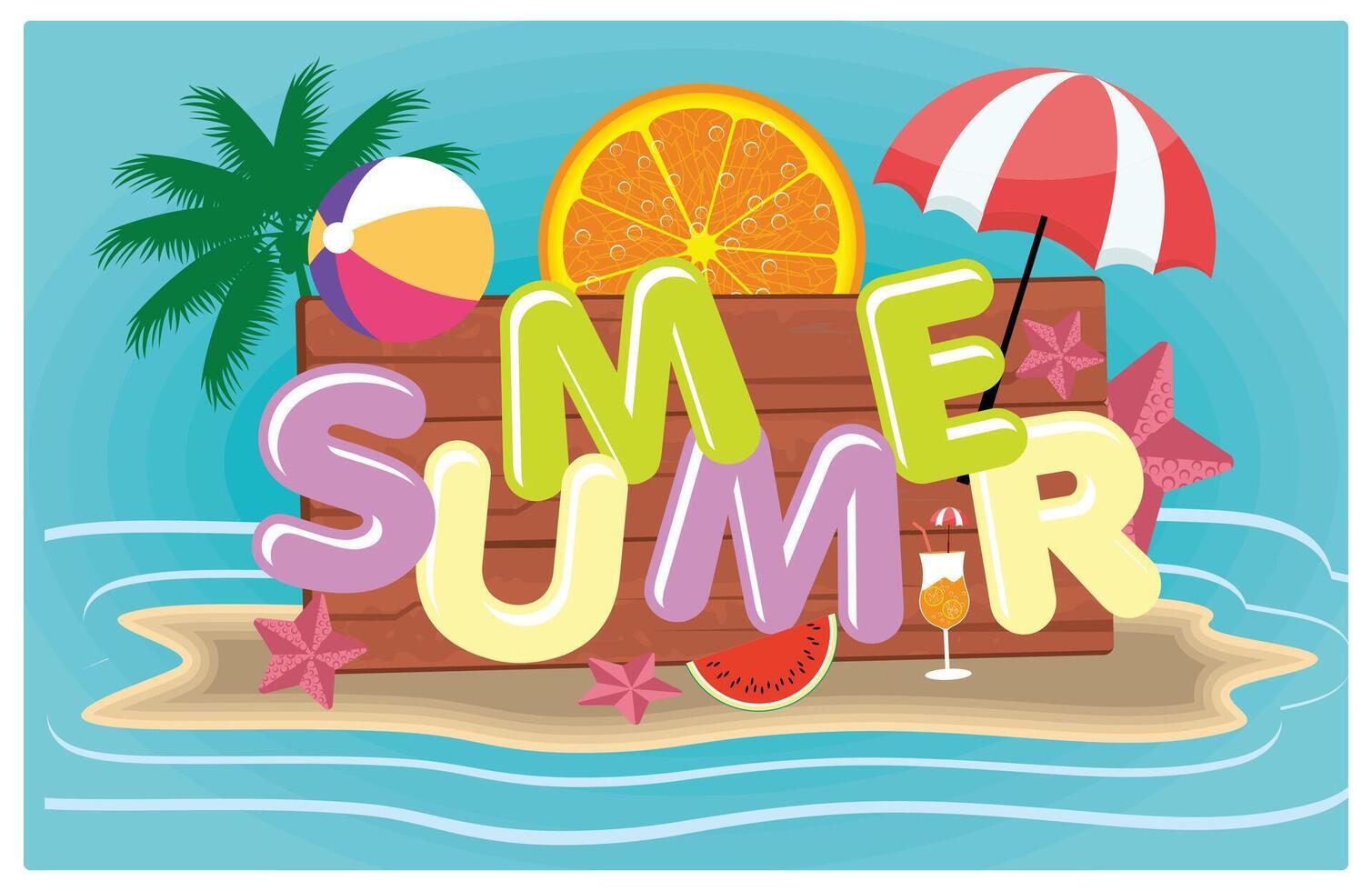 Island in the middle of the sea with a colorful summer. Summer elements on a blue sky background. Summer concept. illustration. vector