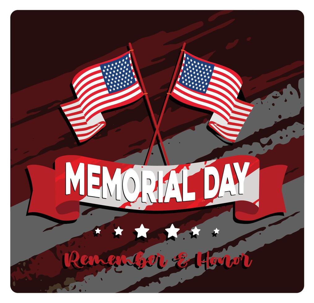 Memorial Day with an American flag. Red ribbon with text Remembrance Day. Independence Day USA concept. Flat illustration. vector