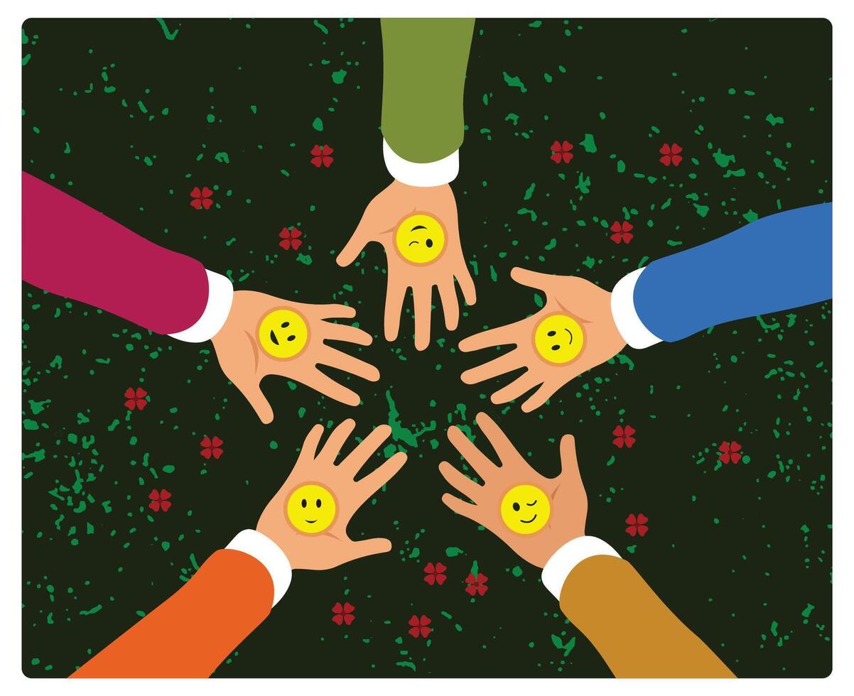 Palm with smile emoji. A group of happy friends gathered together. Friendship Day concept. Flat illustration. vector