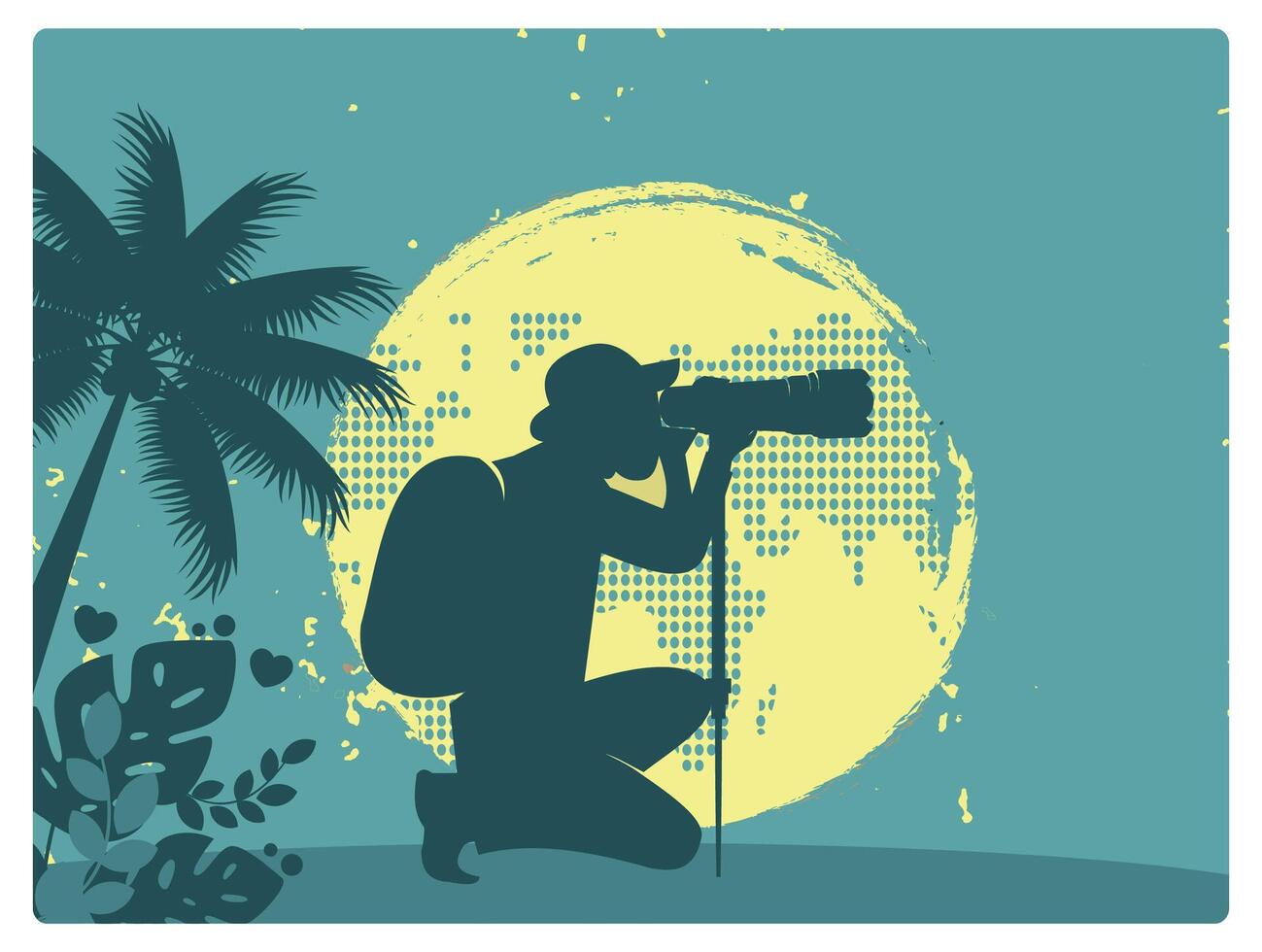Photographer taking photos outdoors. Natural landscape with earth globe. World Photography Day concept. Flat illustration. vector