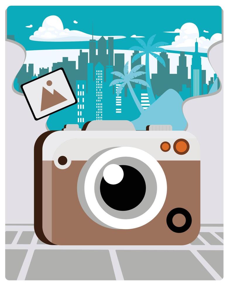 Camera with city view. Take photos outdoors. World Photography Day concept. Flat illustration. vector