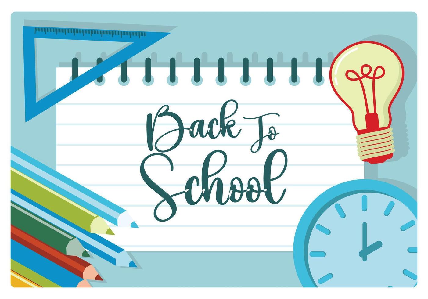 School supplies on a blue background. Colored pencils, ruler, and notebook. Back To School concept. Flat illustration. vector