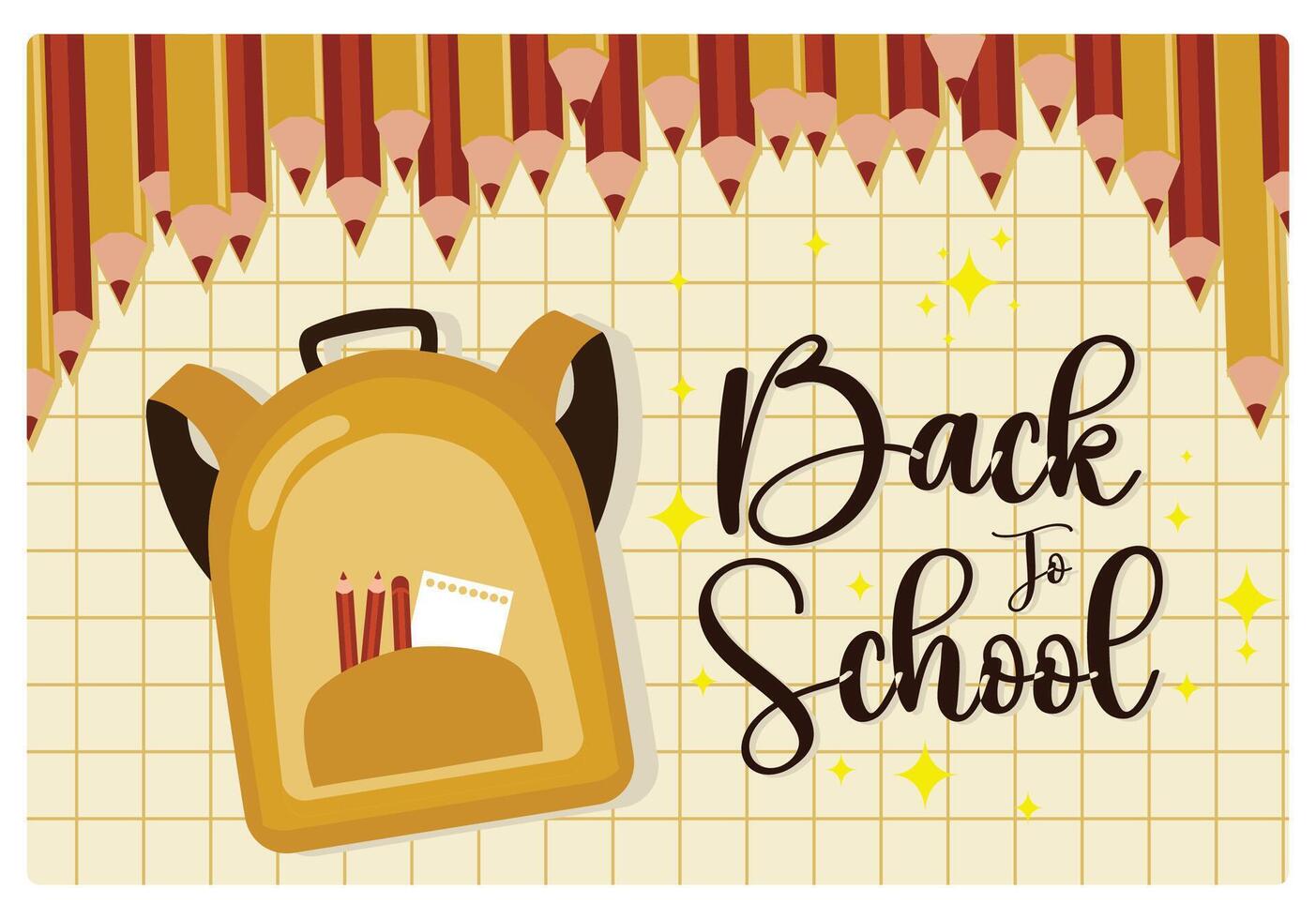 Yellow backpack with colored pencils. White checkered paper. Back To School concept. Flat illustration. vector