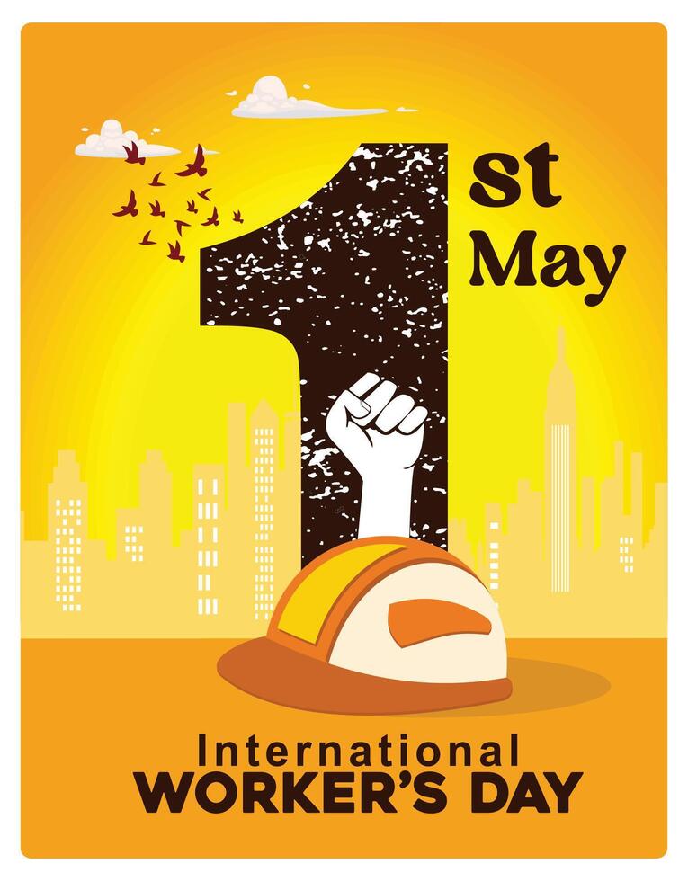 Clenched fists and safety helmet. May Day celebration with an urban view. Labor Day concept. Flat illustration. vector