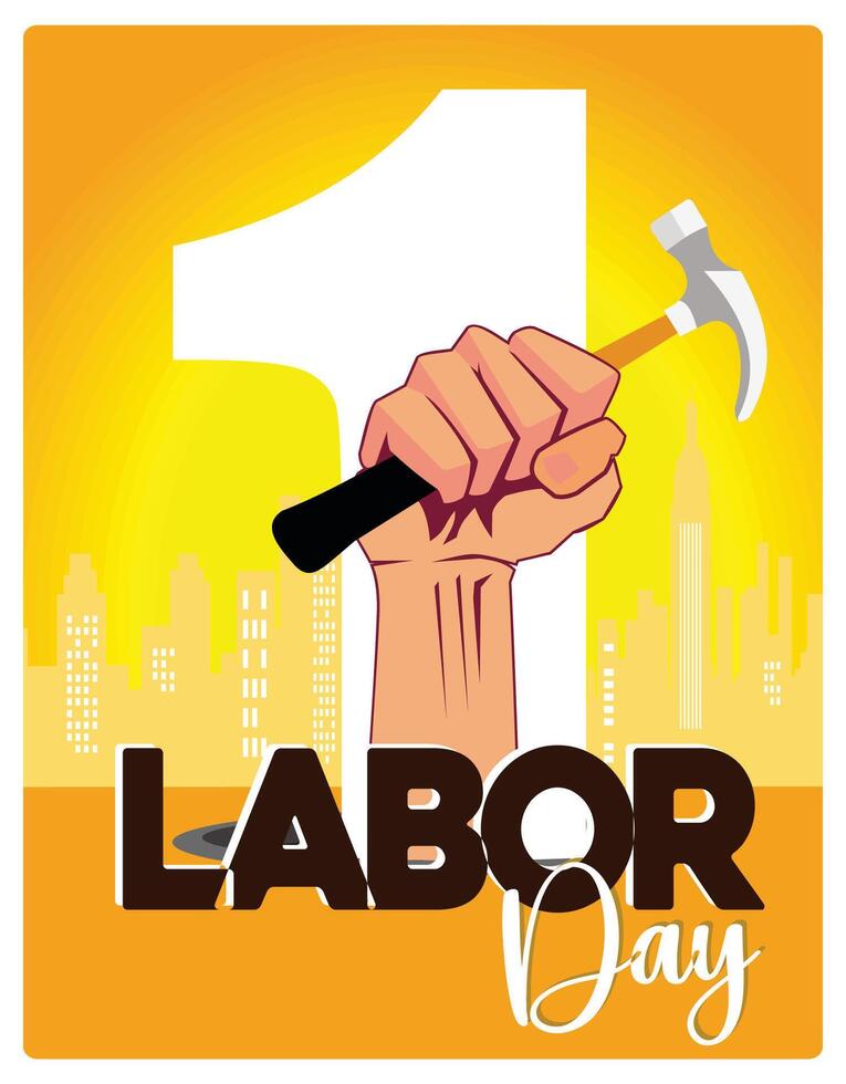 May Day with hand holding hammer. Silhouettes of urban buildings on a yellow background. Labor Day concept. Flat illustration. vector