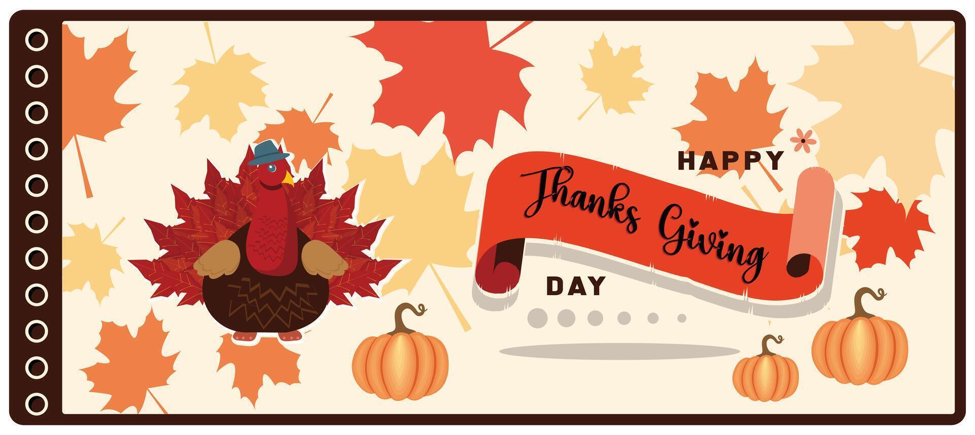 Thanksgiving with turkey and pumpkin. Thanksgiving text with autumn leaves. Thanksgiving concept. Flat illustration. vector