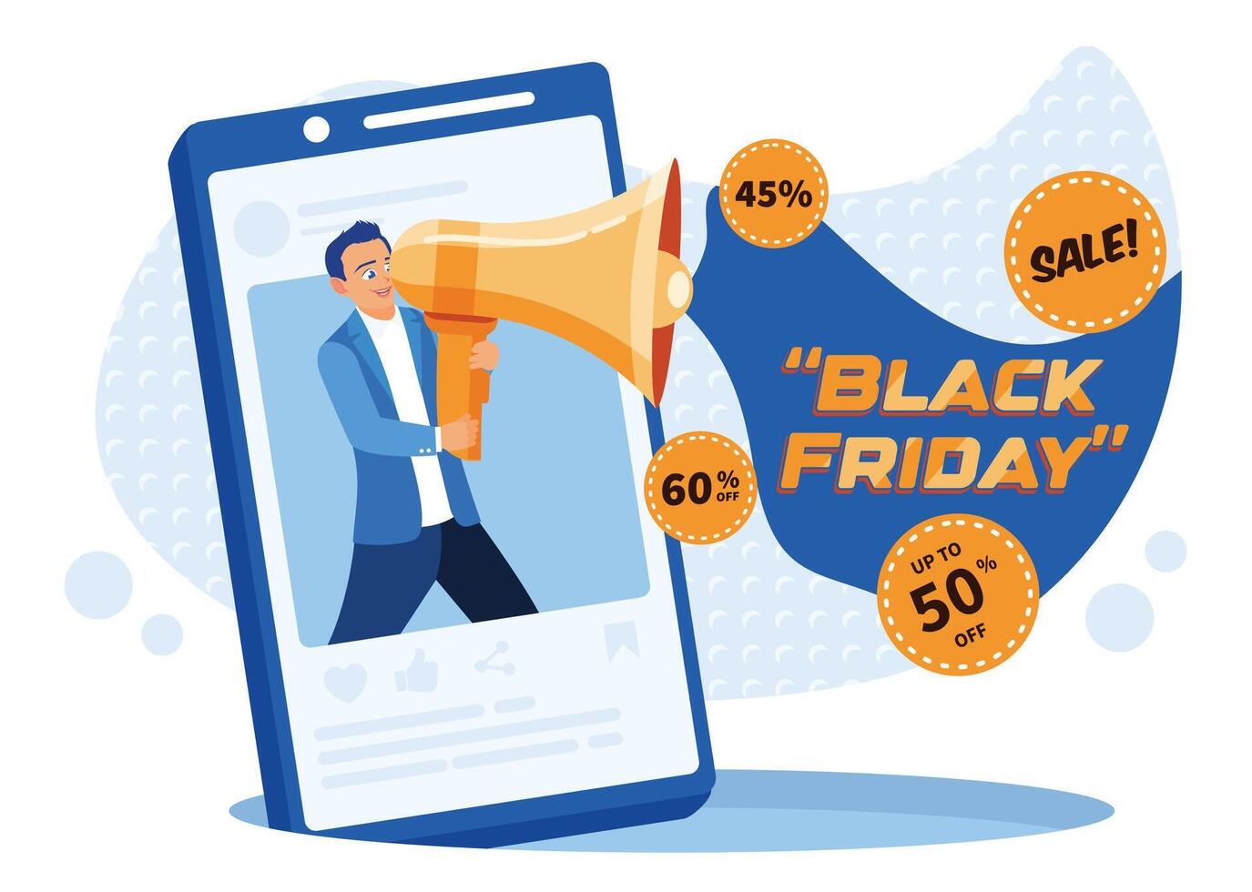 Man giving announcement using a megaphone. Sales advertising on social media. Black Friday concept. Flat illustration. vector