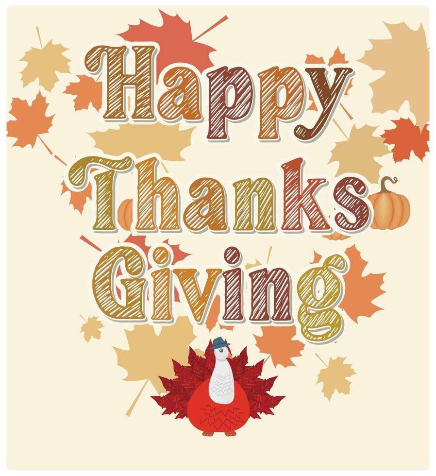 Thanksgiving day with pumpkins and autumn leaves. Roast turkey is a Thanksgiving meal. Thanksgiving concept. Flat illustration. vector