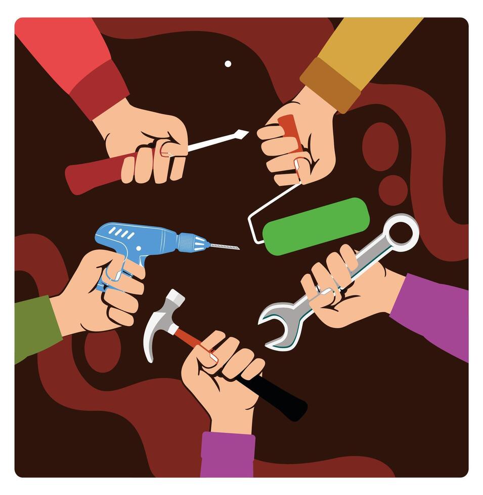 Several hands holding different work tools. International workers day, May 1. Labor Day concept. Flat illustration. vector