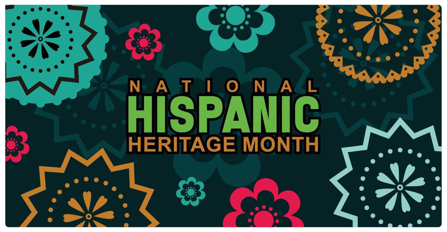 Hispanic Cultural Heritage Month text with Papel Picado pattern. The perforated paper pattern is on a green background. Hispanic Heritage Month concept. Flat illustration. vector