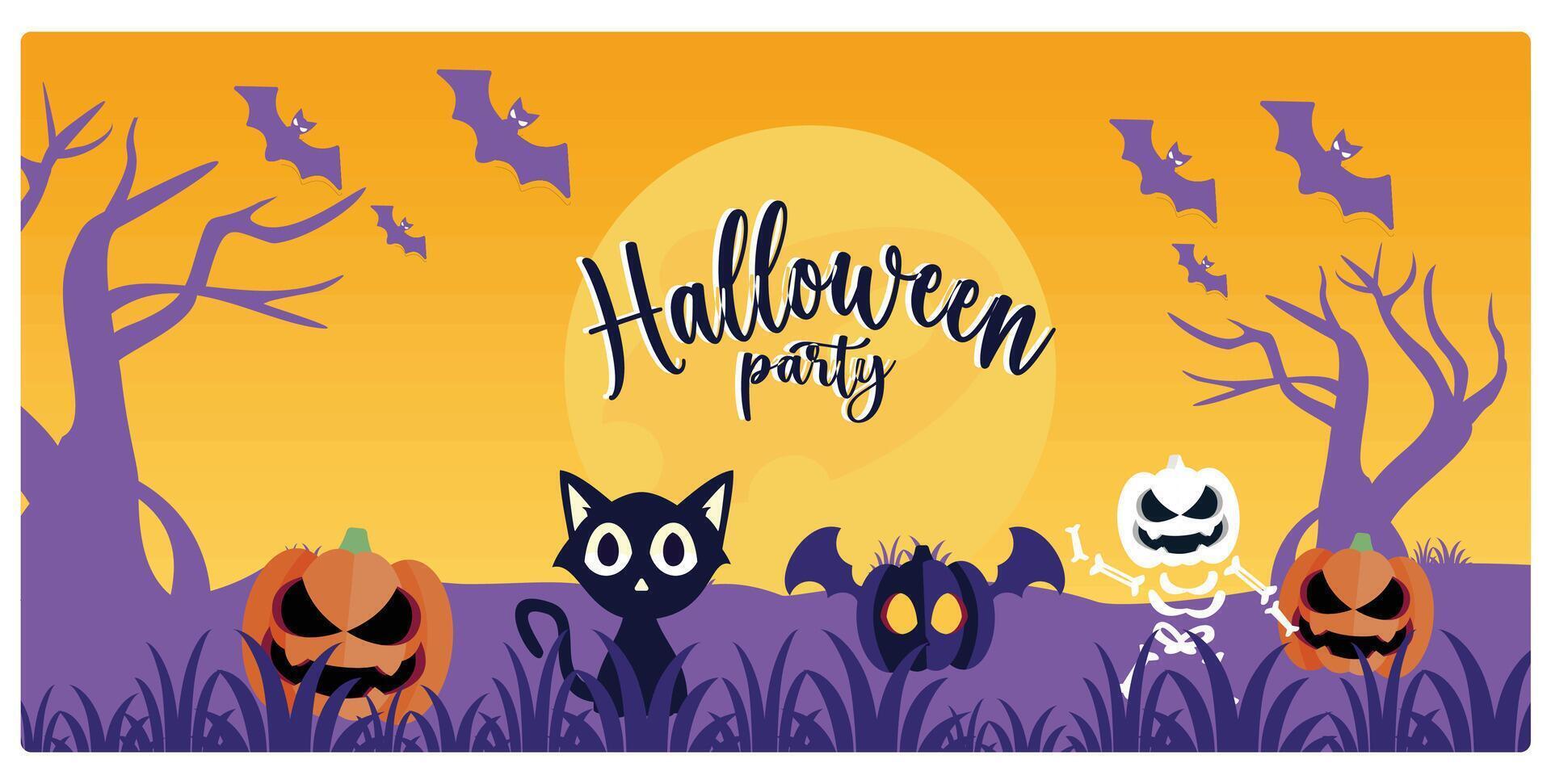 Cute skull with a pumpkin and a black cat. Full moon with flying bats. Halloween concept. Flat illustration. vector