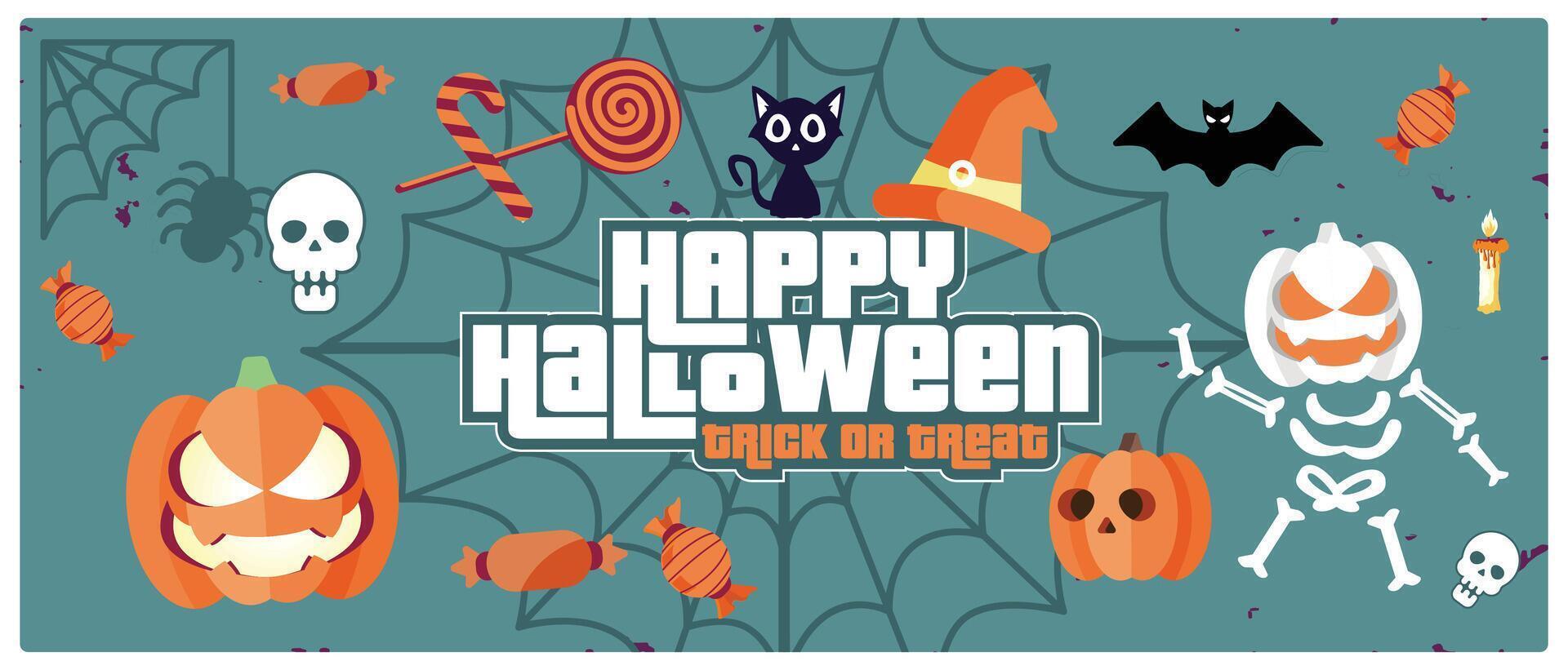 Halloween party with spooky elements. Pumpkins, skulls, bats, and witches. Halloween Party concept. Flat illustration. vector