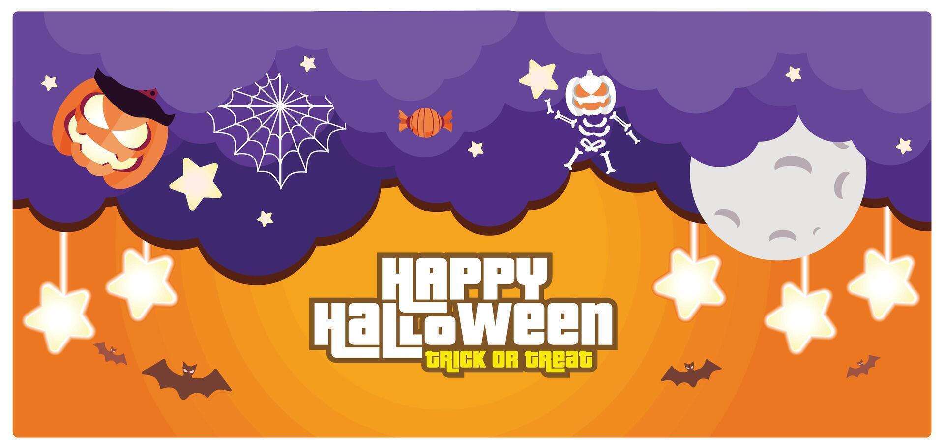 Halloween party invitation with spooky pumpkins. Full moon in the sky with stars and bats. Halloween Party concept. Flat illustration. vector