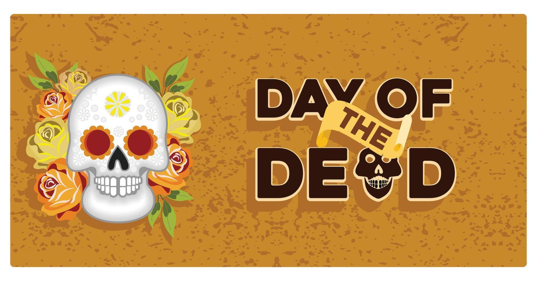 Human skull painted with colorful flowers. Day of the Dead text on an orange background. Day Of The Dead concept. Flat illustration. vector