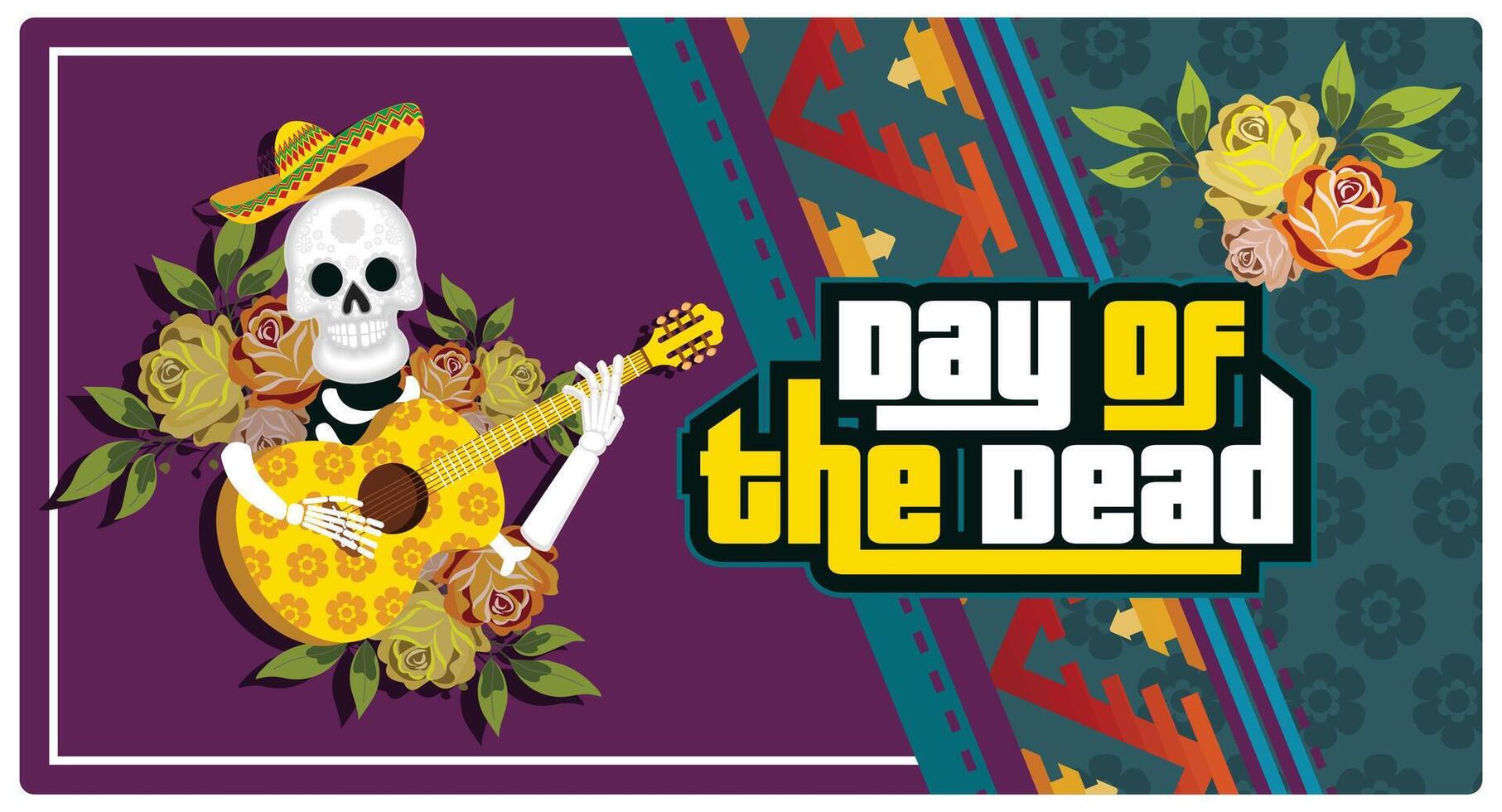 Human skeleton playing guitar. Sugar skull with sombrero and marigold wreath. Day Of The Dead concept. Flat illustration. vector