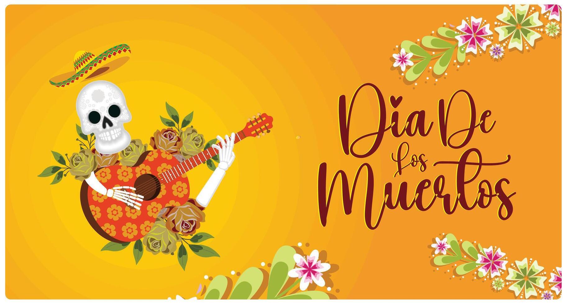 Day of the Dead text with colorful flowers. Skull wears a sombrero and plays guitar. Day of The Dead concept. Flat illustration. vector