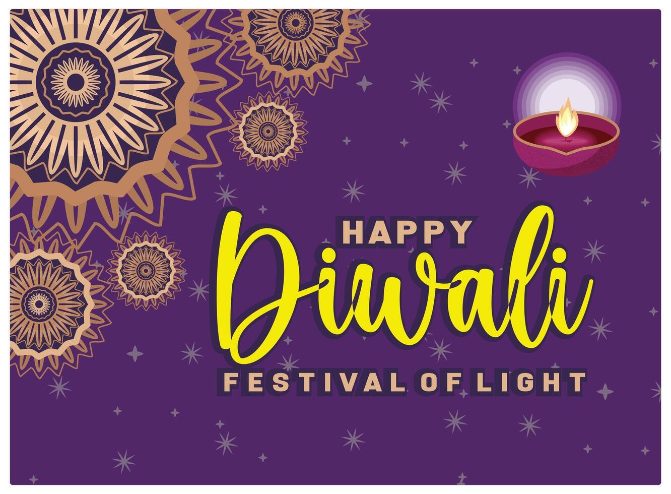 Festival of lights in India. Rangoli pattern with lighted Diya. Diwali Festival concept. Flat illustration. vector