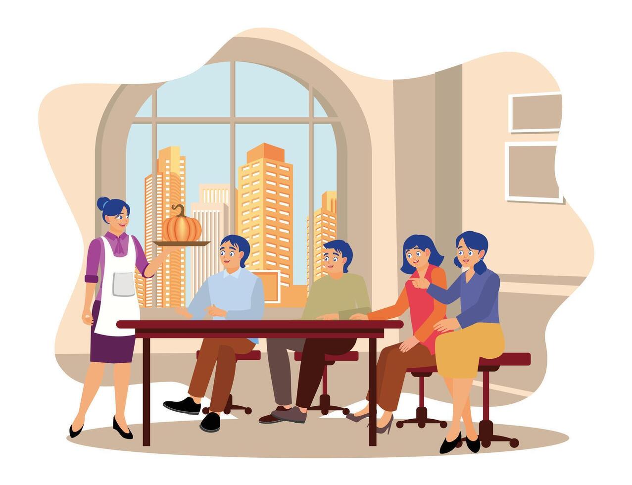 Close family celebrating Thanksgiving feast at the dinner table. Enjoy delicious dishes while laughing together. Thanksgiving concept. Flat illustration. vector