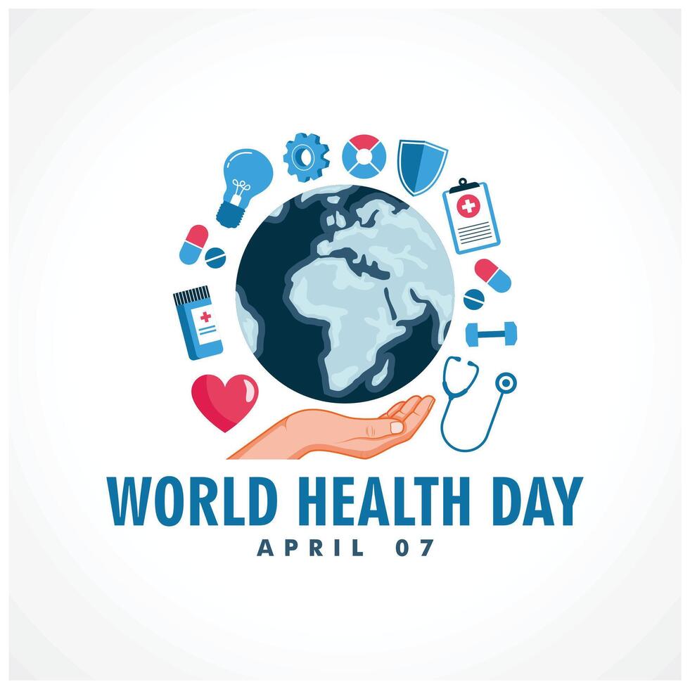 Globe and health icon in hand. Commemorating Global Health Day. World health day concept. vector
