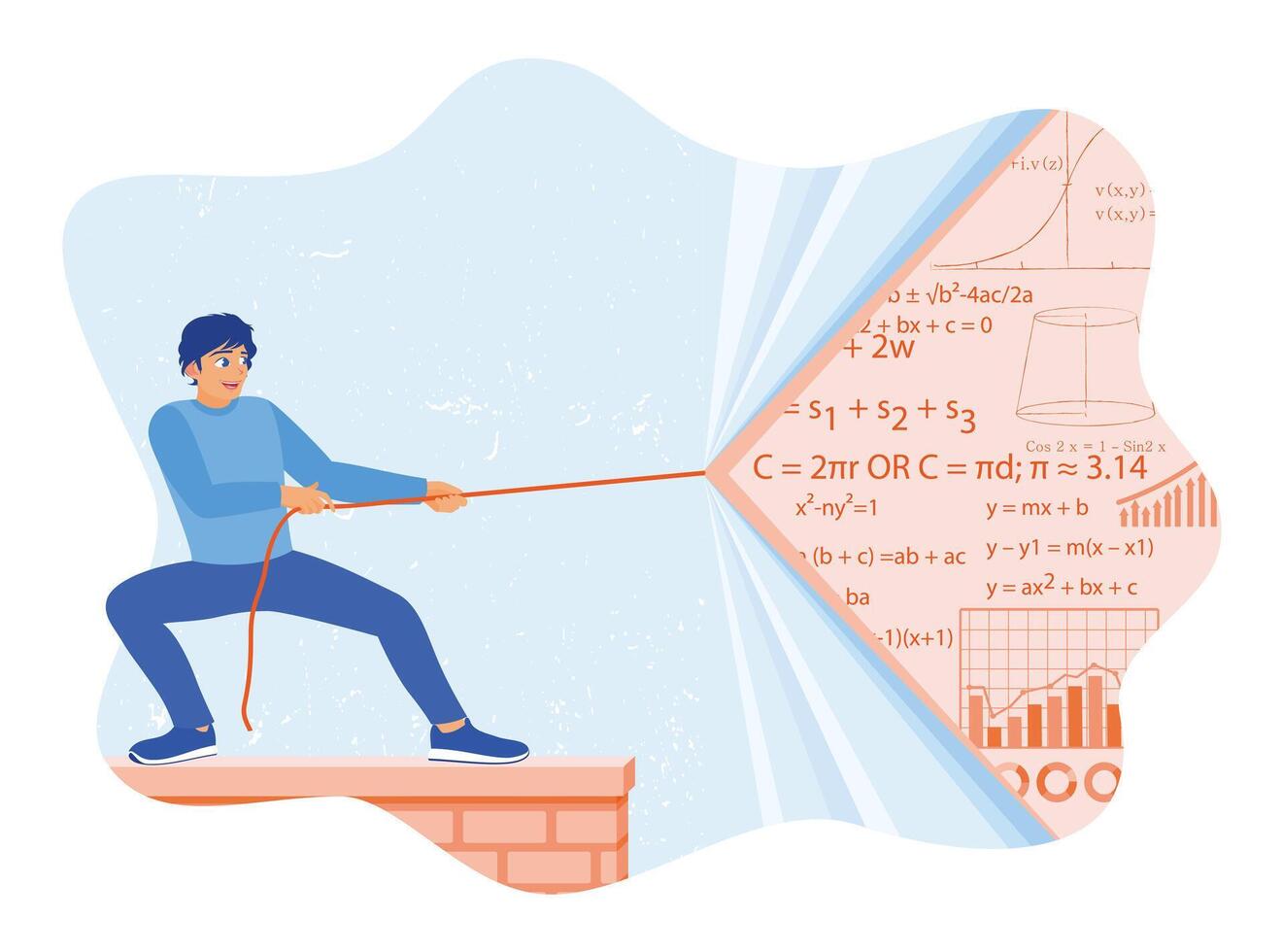 A man pulls a rope as hard as he can. Marketing icons are visible on the wall. Marketing concept. vector