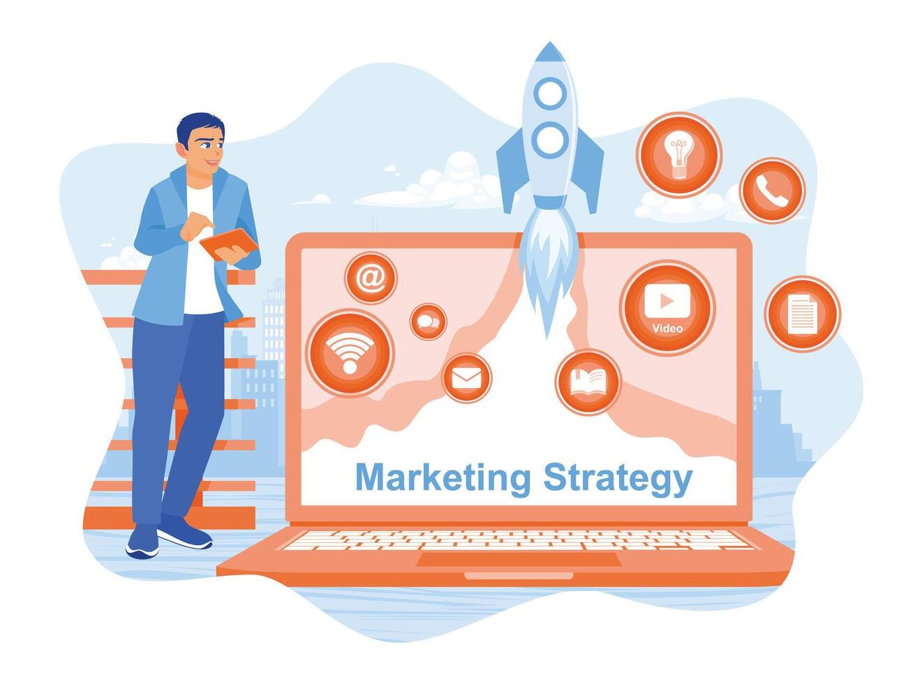 Men use marketing strategy technology. Marketing icons and flying rockets on the laptop screen. Marketing concept. vector