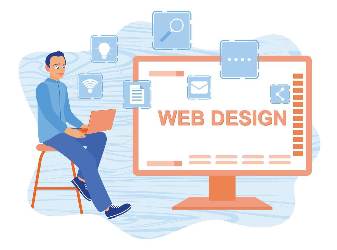 Man working on laptop. Assemble a web page from the icons that appear on the screen. Web design concept. vector