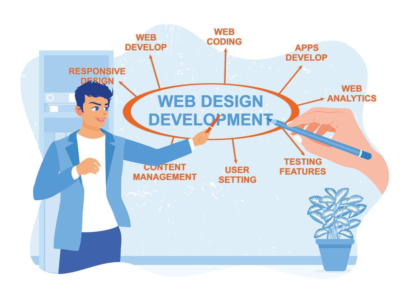 joven hombre dibujar web desarrollo en computadora. mano participación un lápiz. web diseño concepto. vector