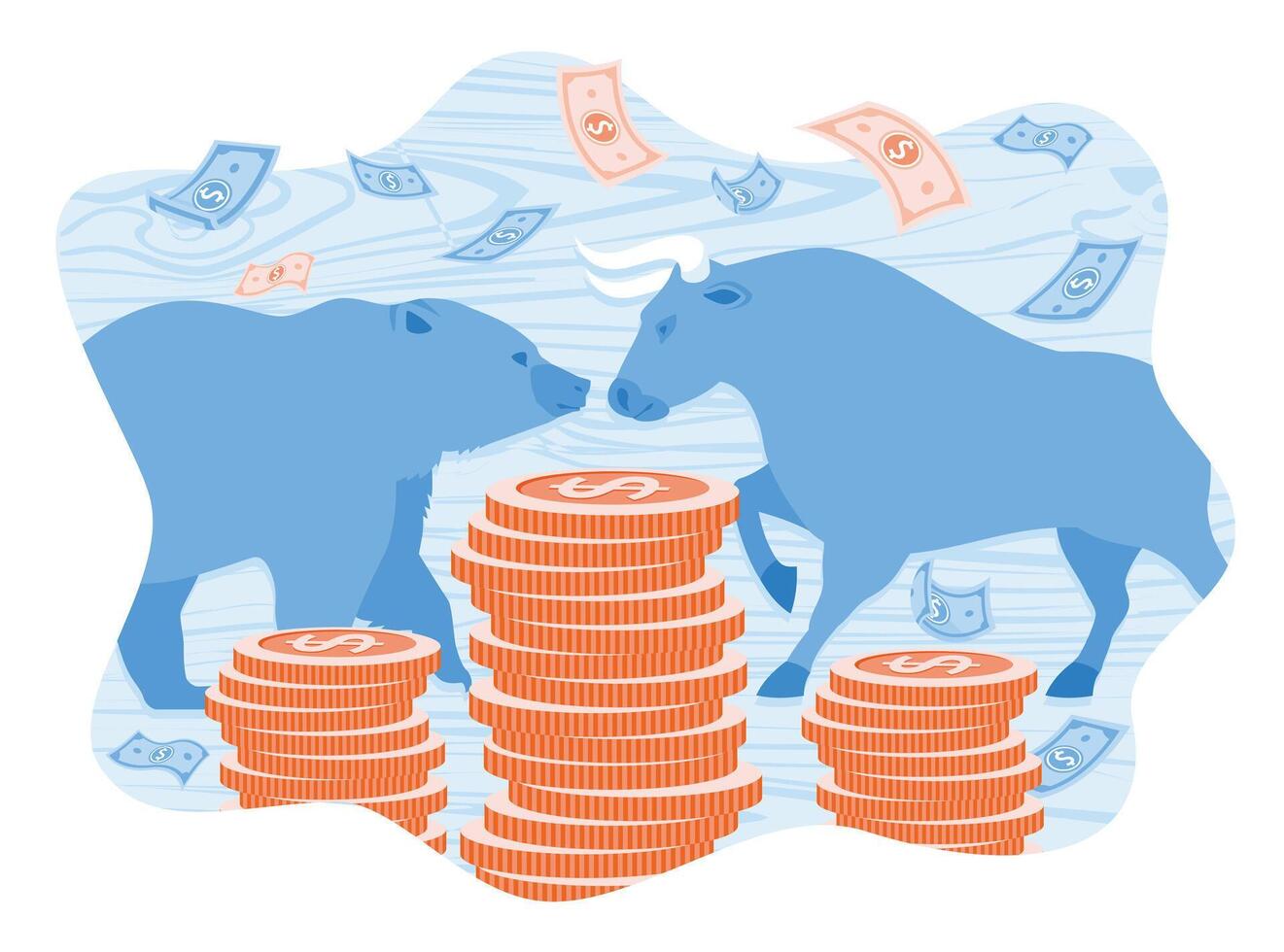 Bulls, bears, and money. Symbol of investment, risk, and stock market. Stock market concept. vector