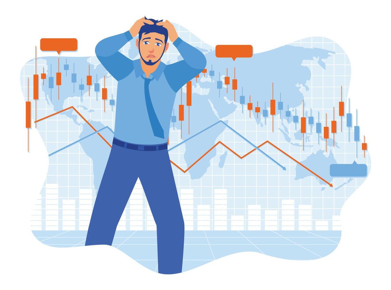 Middle-aged man holding head with sad face. Businessmen looking at the declining business graph. Stock market concept. vector
