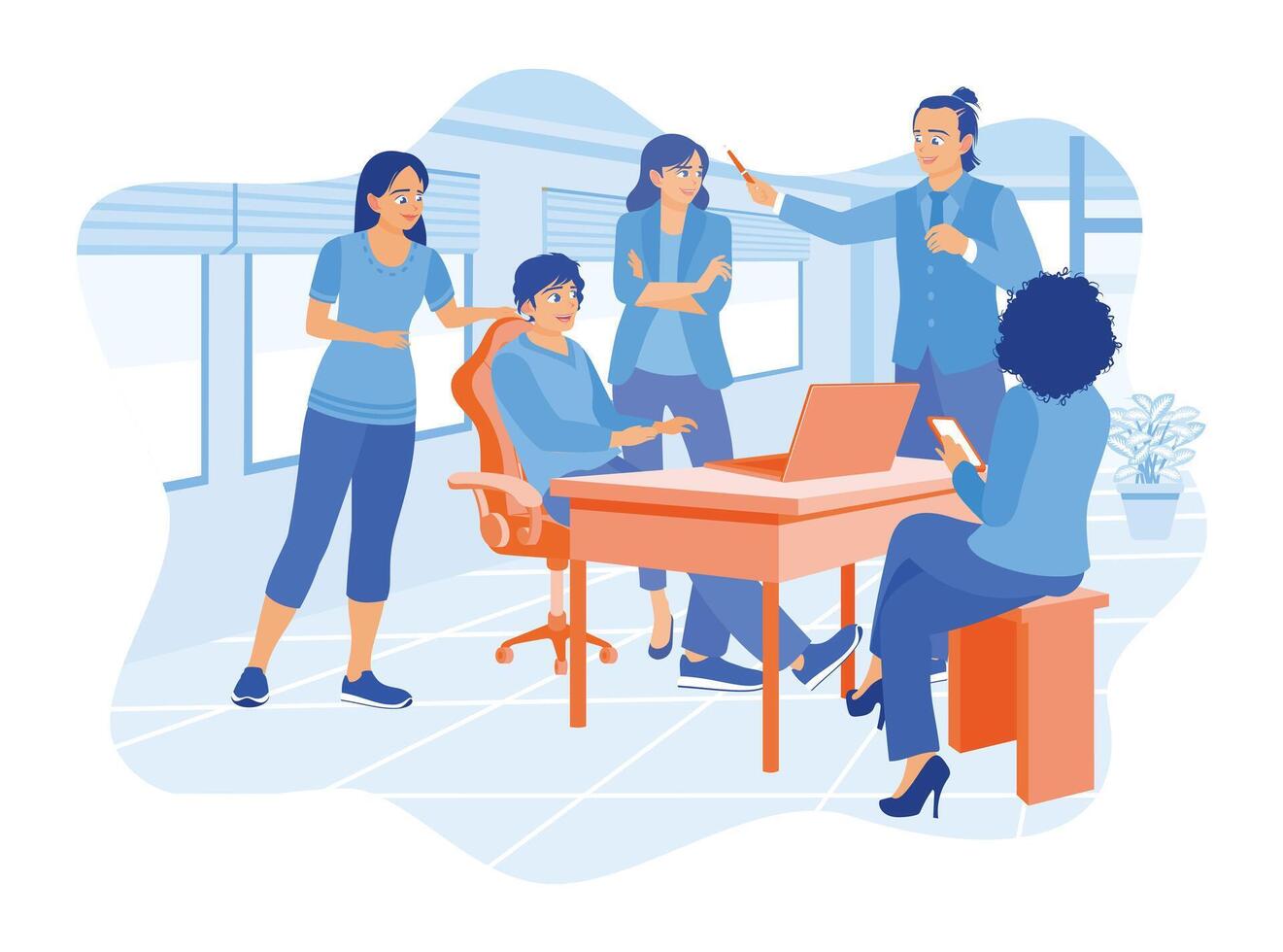 A diverse group of business people collaborating on a new project. Using a laptop when working together. Office work concept. vector