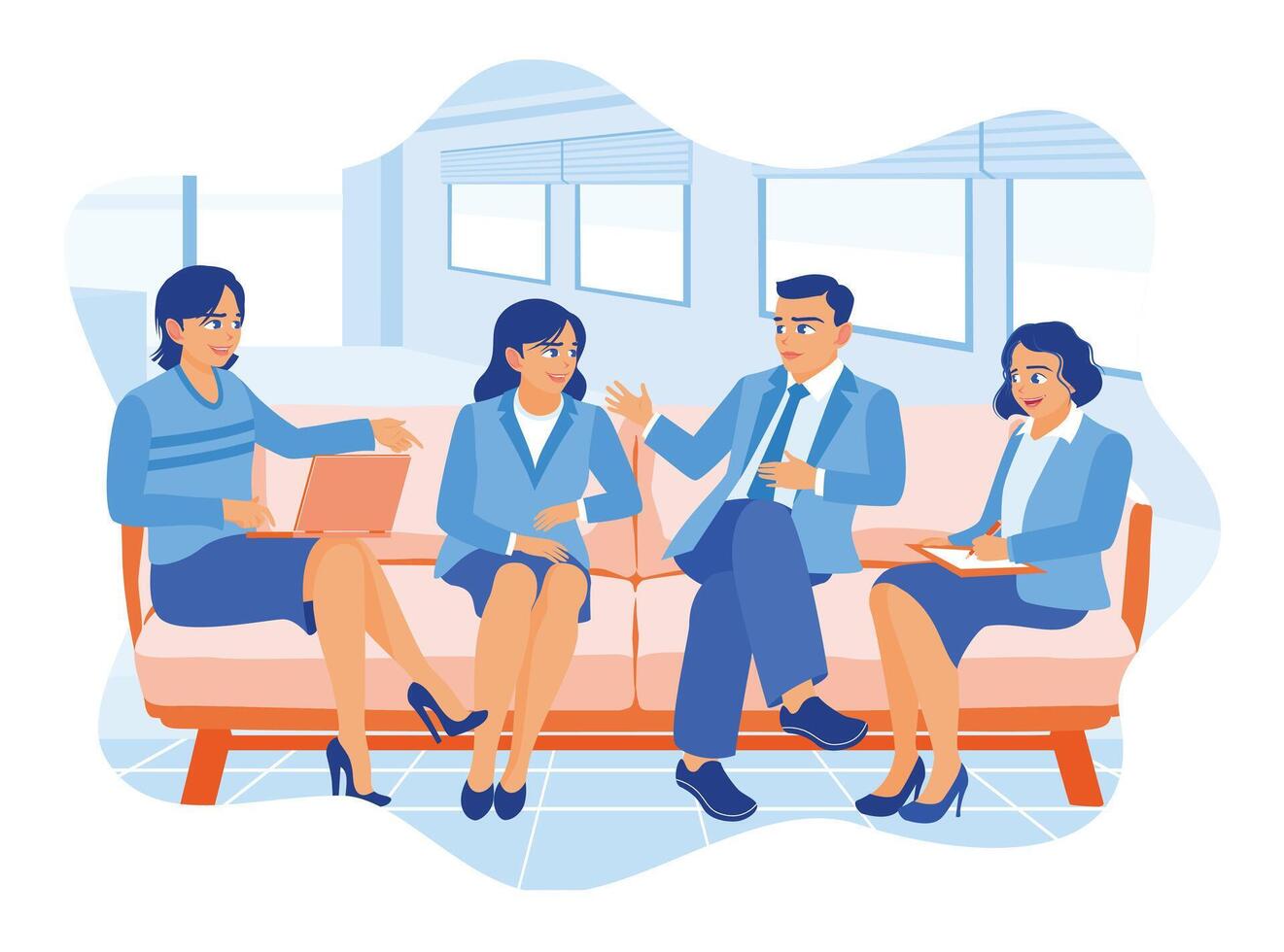 Diverse businesspeople sitting together in the office lobby. Businesspeople collaborating on a new project. Office work concept. vector
