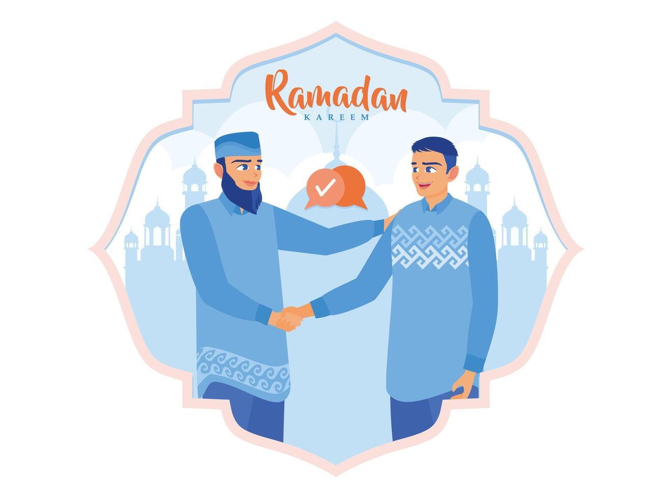 Two Muslim men smile at each other and shake hands. Celebrating victory day. Ramadan Kareem concept. vector