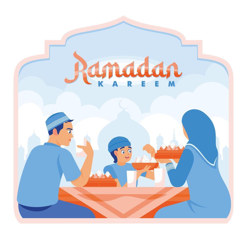 Muslim family sitting together at the dining table. Eating together after a day of fasting. Ramadan Kareem concept. vector