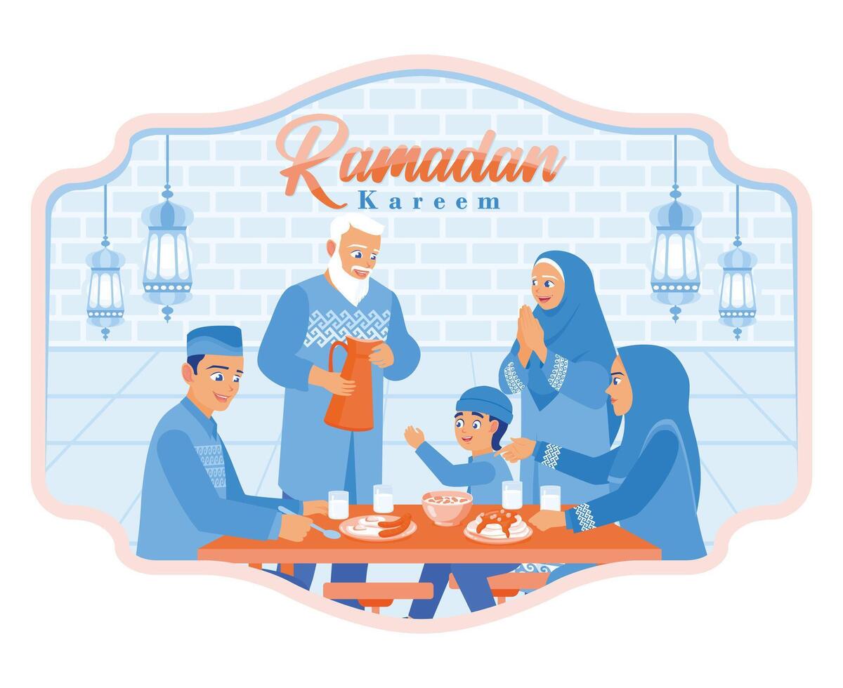 Muslim families break the fast together. Father, mother, son, grandfather, and grandmother gather together at the dining table. Ramadan Kareem concept. vector