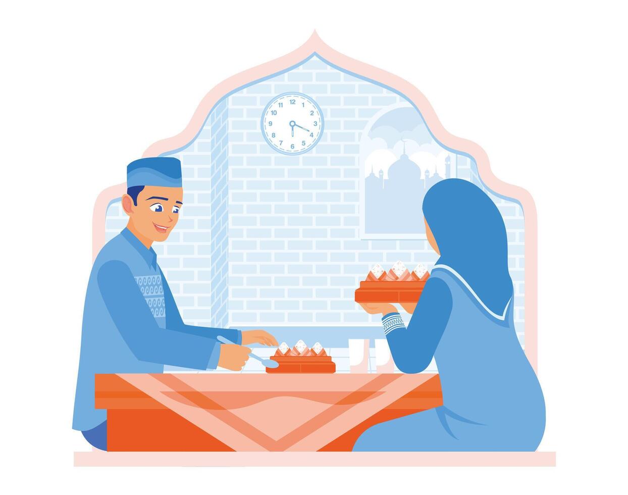 Muslim couple eating together at the dining table. Break the fast after a day of fasting. Ramadan Kareem concept. vector