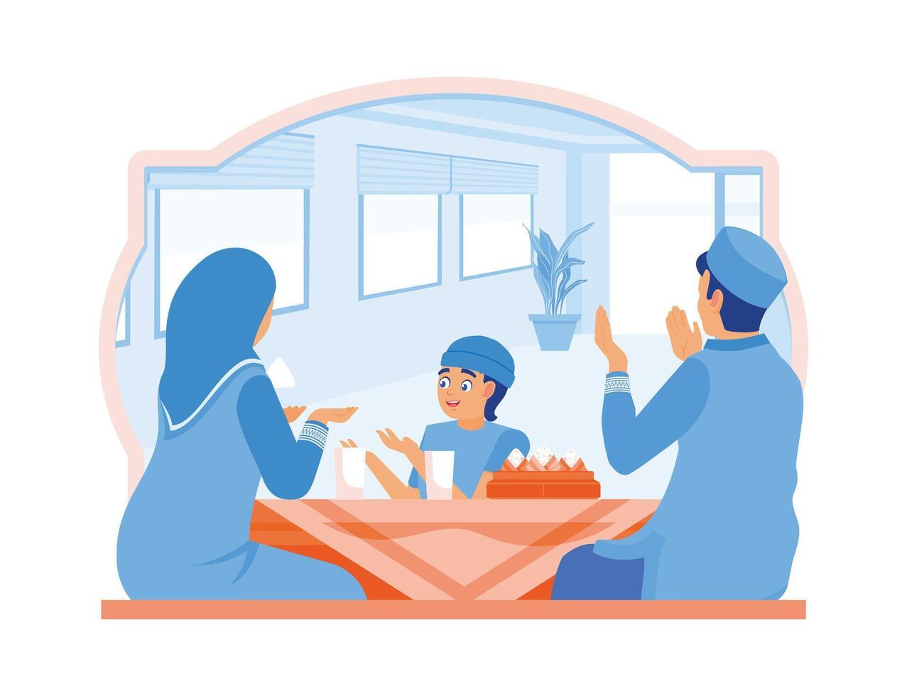 Muslim family sitting together at the dining table. Pray before breaking the fast. Ramadan Kareem concept. vector