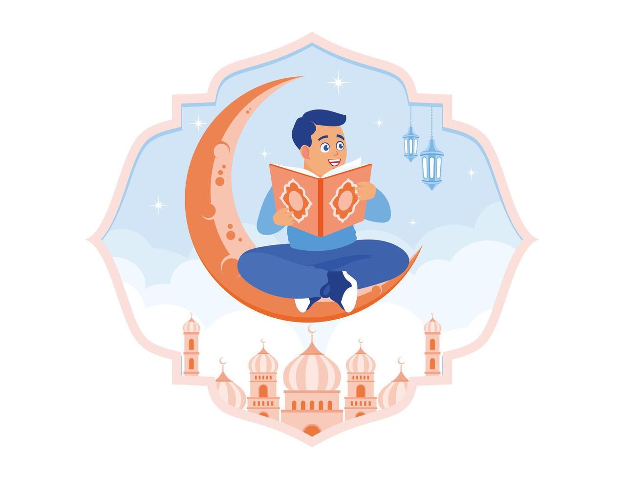 Boy sitting on the crescent moon. Learn to read the Koran. Ramadan Kareem concept. vector