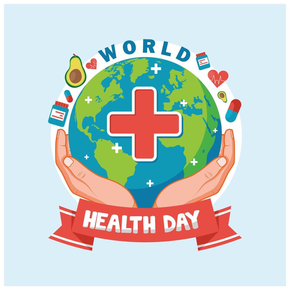 illustration of Health Day on April 7. Globe and health symbol in hand. World Health Day concept. vector